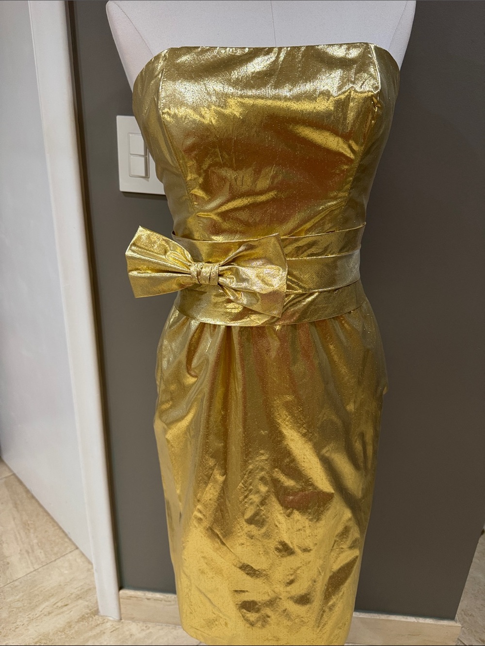 Strapless Vintage Gold Metallic Cocktail Dress with Waist Bow